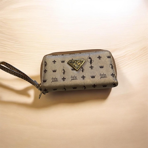 Baby Phat Zip Around Wallet Wristlet Gold Logo Print Faux Leather - Picture 2 of 6